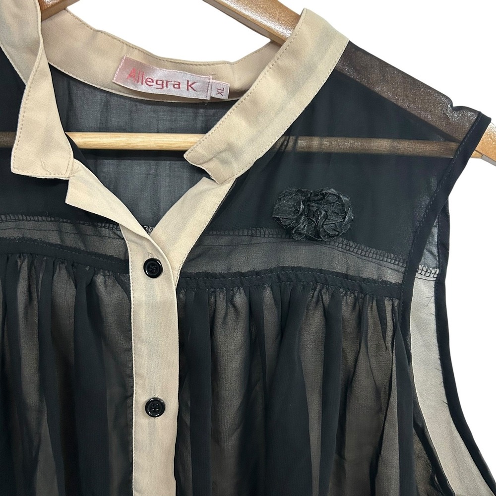 Romantic Victorian Sheer Sleeveless Blouse XL Black Beige Dark Soft Goth VTG - Picture 2 of 4